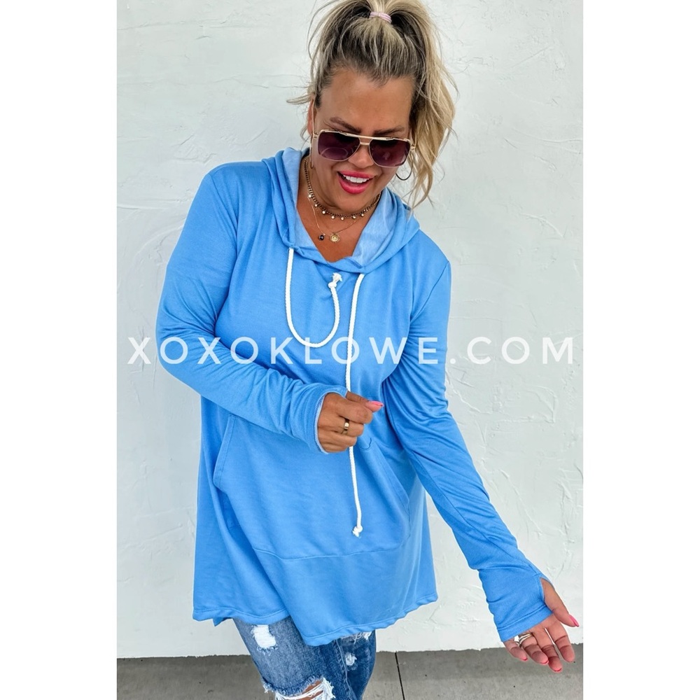 Bright Blue French Terry High Low Layer with Thumbholes - Picture 7 of 8